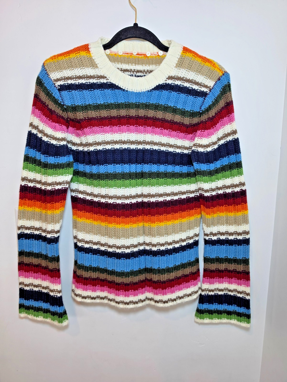 Women's Rainbow Stripe Knit Top Small Fitted Long Sleeve Crew Sweater